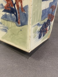 A Chinese blue and white, celadon and copper-red tapering square vase with landscape panels, Kangxi