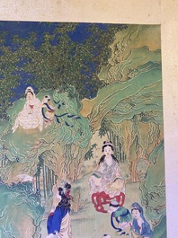 Chinese school, ink and color on canvas: 'Mountainous landscape with goddesses, mythical animals and boys', 19/20th C.