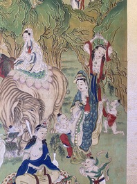 Chinese school, ink and color on canvas: 'Mountainous landscape with goddesses, mythical animals and boys', 19/20th C.