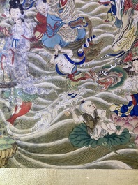 Chinese school, ink and color on canvas: 'Mountainous landscape with goddesses, mythical animals and boys', 19/20th C.