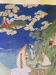 Chinese school, ink and color on canvas: 'Mountainous landscape with goddesses, mythical animals and boys', 19/20th C.