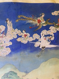 Chinese school, ink and color on canvas: 'Mountainous landscape with goddesses, mythical animals and boys', 19/20th C.