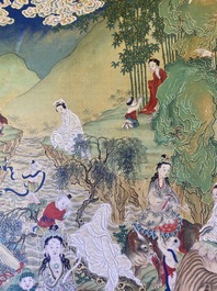 Chinese school, ink and color on canvas: 'Mountainous landscape with goddesses, mythical animals and boys', 19/20th C.