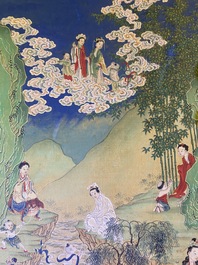 Chinese school, ink and color on canvas: 'Mountainous landscape with goddesses, mythical animals and boys', 19/20th C.