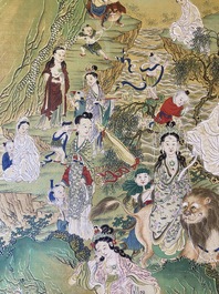 Chinese school, ink and color on canvas: 'Mountainous landscape with goddesses, mythical animals and boys', 19/20th C.