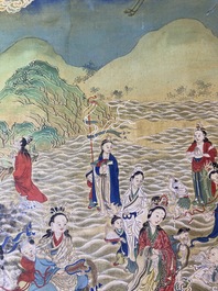 Chinese school, ink and color on canvas: 'Mountainous landscape with goddesses, mythical animals and boys', 19/20th C.