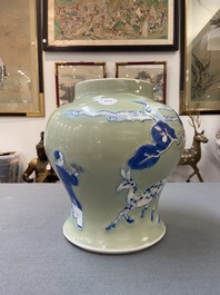 Een Chinese blauw-witte en koperrode vaas met celadon fondkleur, Kangxi