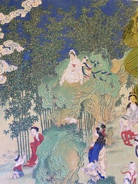 Chinese school, ink and color on canvas: 'Mountainous landscape with goddesses, mythical animals and boys', 19/20th C.