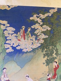 Chinese school, ink and color on canvas: 'Mountainous landscape with goddesses, mythical animals and boys', 19/20th C.