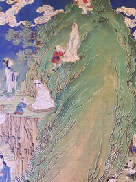 Chinese school, ink and color on canvas: 'Mountainous landscape with goddesses, mythical animals and boys', 19/20th C.