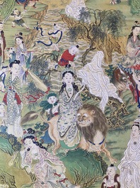 Chinese school, ink and color on canvas: 'Mountainous landscape with goddesses, mythical animals and boys', 19/20th C.