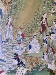 Chinese school, ink and color on canvas: 'Mountainous landscape with goddesses, mythical animals and boys', 19/20th C.