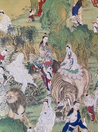 Chinese school, ink and color on canvas: 'Mountainous landscape with goddesses, mythical animals and boys', 19/20th C.