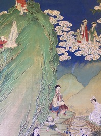 Chinese school, ink and color on canvas: 'Mountainous landscape with goddesses, mythical animals and boys', 19/20th C.