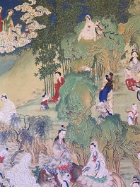 Chinese school, ink and color on canvas: 'Mountainous landscape with goddesses, mythical animals and boys', 19/20th C.