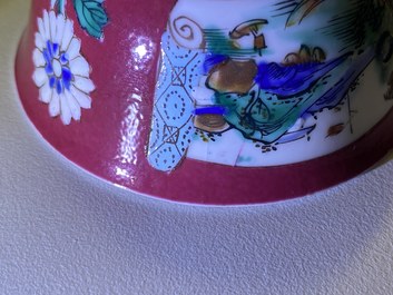 Trois tasses et soucoupes en porcelaine de Chine famille rose &agrave; fond rouge de rubis, Yongzheng