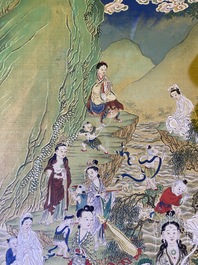 Chinese school, ink and color on canvas: 'Mountainous landscape with goddesses, mythical animals and boys', 19/20th C.