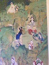 Chinese school, ink and color on canvas: 'Mountainous landscape with goddesses, mythical animals and boys', 19/20th C.