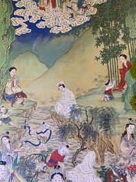 Chinese school, ink and color on canvas: 'Mountainous landscape with goddesses, mythical animals and boys', 19/20th C.