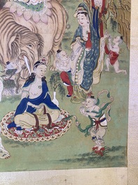 Chinese school, ink and color on canvas: 'Mountainous landscape with goddesses, mythical animals and boys', 19/20th C.