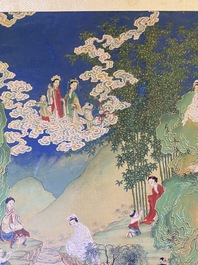 Chinese school, ink and color on canvas: 'Mountainous landscape with goddesses, mythical animals and boys', 19/20th C.