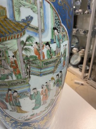 A Chinese famille verte powder blue-ground vase and a famille rose vase, 19th C.