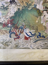 Chinese school, ink and color on canvas: 'Mountainous landscape with goddesses, mythical animals and boys', 19/20th C.