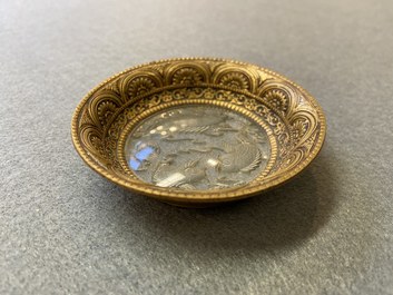 A Chinese gilt metal-mounted etched glass cup stand with carps, Qing