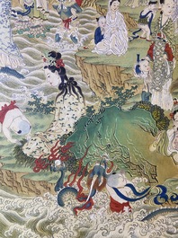 Chinese school, ink and color on canvas: 'Mountainous landscape with goddesses, mythical animals and boys', 19/20th C.