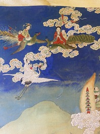 Chinese school, ink and color on canvas: 'Mountainous landscape with goddesses, mythical animals and boys', 19/20th C.