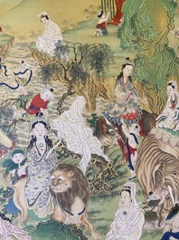 Chinese school, ink and color on canvas: 'Mountainous landscape with goddesses, mythical animals and boys', 19/20th C.