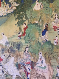 Chinese school, ink and color on canvas: 'Mountainous landscape with goddesses, mythical animals and boys', 19/20th C.