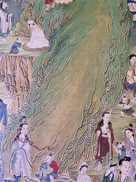 Chinese school, ink and color on canvas: 'Mountainous landscape with goddesses, mythical animals and boys', 19/20th C.