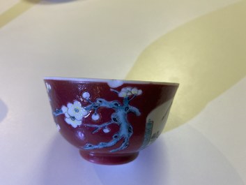 Three Chinese famille rose ruby-ground cups and saucers, Yongzheng