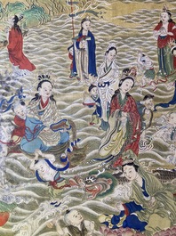 Chinese school, ink and color on canvas: 'Mountainous landscape with goddesses, mythical animals and boys', 19/20th C.