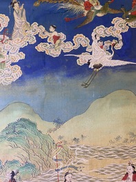 Chinese school, ink and color on canvas: 'Mountainous landscape with goddesses, mythical animals and boys', 19/20th C.