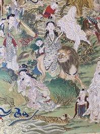 Chinese school, ink and color on canvas: 'Mountainous landscape with goddesses, mythical animals and boys', 19/20th C.