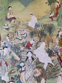 Chinese school, ink and color on canvas: 'Mountainous landscape with goddesses, mythical animals and boys', 19/20th C.