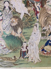 Chinese school, ink and color on canvas: 'Mountainous landscape with goddesses, mythical animals and boys', 19/20th C.