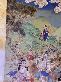 Chinese school, ink and color on canvas: 'Mountainous landscape with goddesses, mythical animals and boys', 19/20th C.