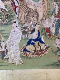 Chinese school, ink and color on canvas: 'Mountainous landscape with goddesses, mythical animals and boys', 19/20th C.