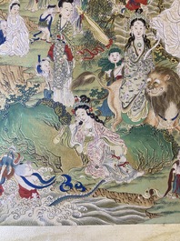 Chinese school, ink and color on canvas: 'Mountainous landscape with goddesses, mythical animals and boys', 19/20th C.