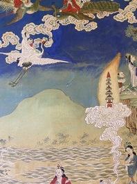 Chinese school, ink and color on canvas: 'Mountainous landscape with goddesses, mythical animals and boys', 19/20th C.