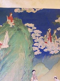 Chinese school, ink and color on canvas: 'Mountainous landscape with goddesses, mythical animals and boys', 19/20th C.