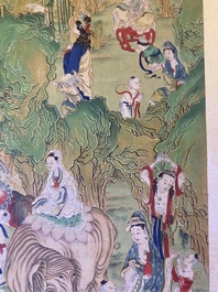 Chinese school, ink and color on canvas: 'Mountainous landscape with goddesses, mythical animals and boys', 19/20th C.