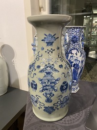 A pair of Chinese blue and white vases and a celadon-ground vase, 19th C.