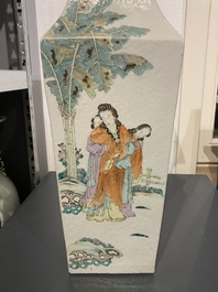 A square Chinese qianjiang cai vase and a pair of Samson famille verte vases, 19th C.