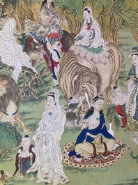 Ecole chinoise, encre et couleurs sur papier: 'Paysage montagneux figurant des d&eacute;esses, des animaux mythiques et des gar&ccedil;ons', 19/20&egrave;me