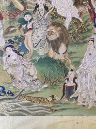 Chinese school, ink and color on canvas: 'Mountainous landscape with goddesses, mythical animals and boys', 19/20th C.