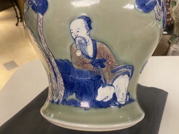 A Chinese blue, white and copper-red celadon-ground vase, Kangxi